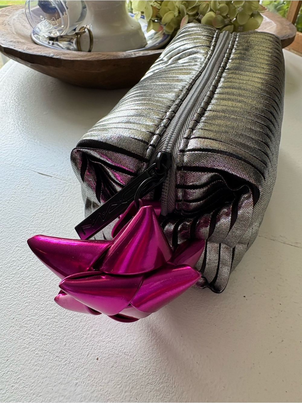 MAC Cosmetics Metallic Silver Pleated Makeup Bag with Pink Accent Charm